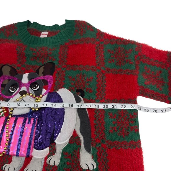 Holiday Time Ugly Christmas Sweater Bulldog Design SZ L Puff Sleeve Crew Neck - Picture 5 of 11
